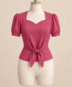 AI front preview of the same sweetheart tie-front blouse with short sleeves in raspberry pink