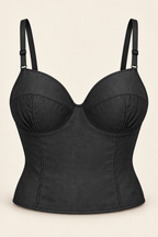 AI front preview of the same woven longline bra in soft black, retaining its cup seams and shaped body