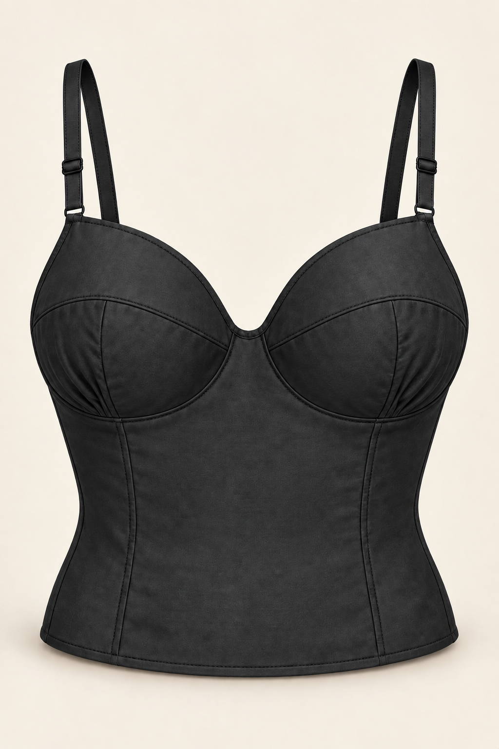 AI front preview of the same woven longline bra in soft black, retaining its cup seams and shaped body