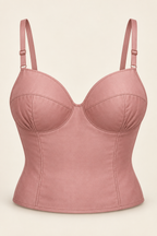 AI front preview of a dusty-rose woven longline bra with horizontal cup seams, lower-cup shaping and adjustable straps