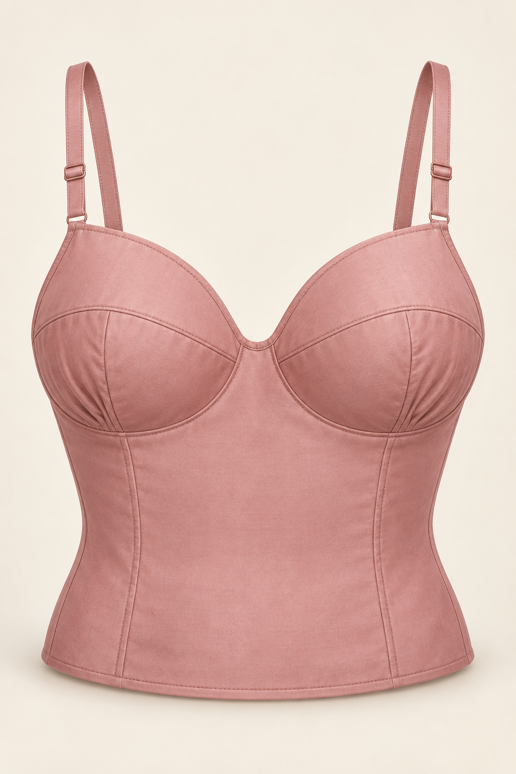 AI front preview of a dusty-rose woven longline bra with horizontal cup seams, lower-cup shaping and adjustable straps