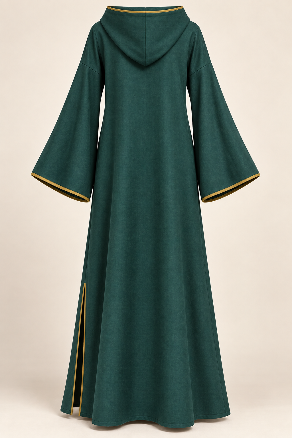 AI back preview of the sea-green caftan with its attached hood lowered, separate bell sleeves and uninterrupted body
