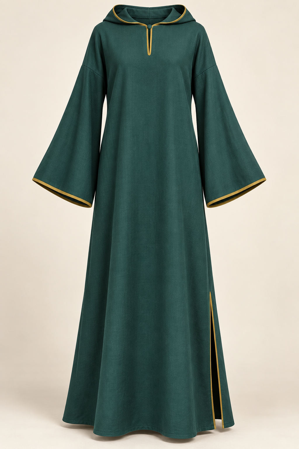 AI front preview of a sea-green hooded caftan with bell sleeves, mustard edging, button-loop neckline and left-side slit