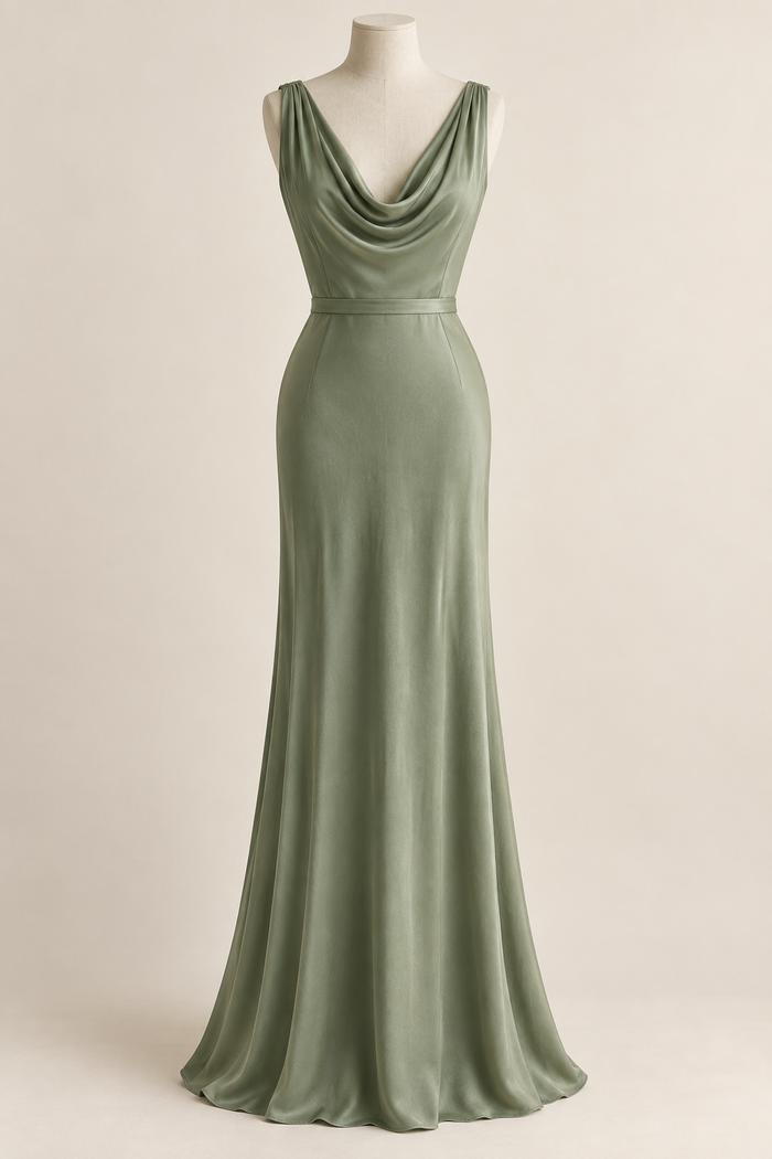 AI design preview: View A sage-green sleeveless 1930s evening gown with a folded cowl and narrow waist sash.