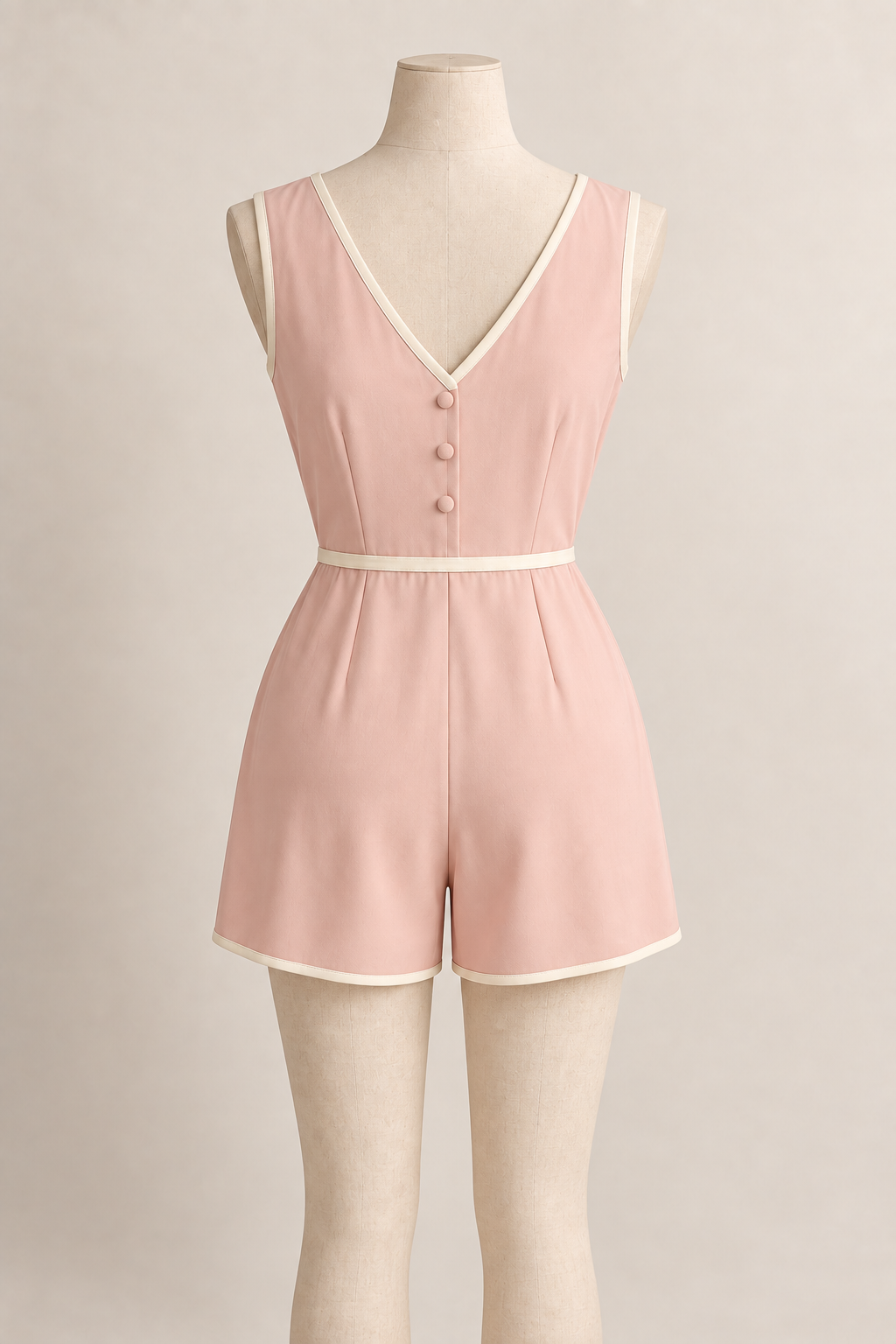 AI design preview: blush-pink short-leg pajama back with V neckline, three covered buttons and joined waist.