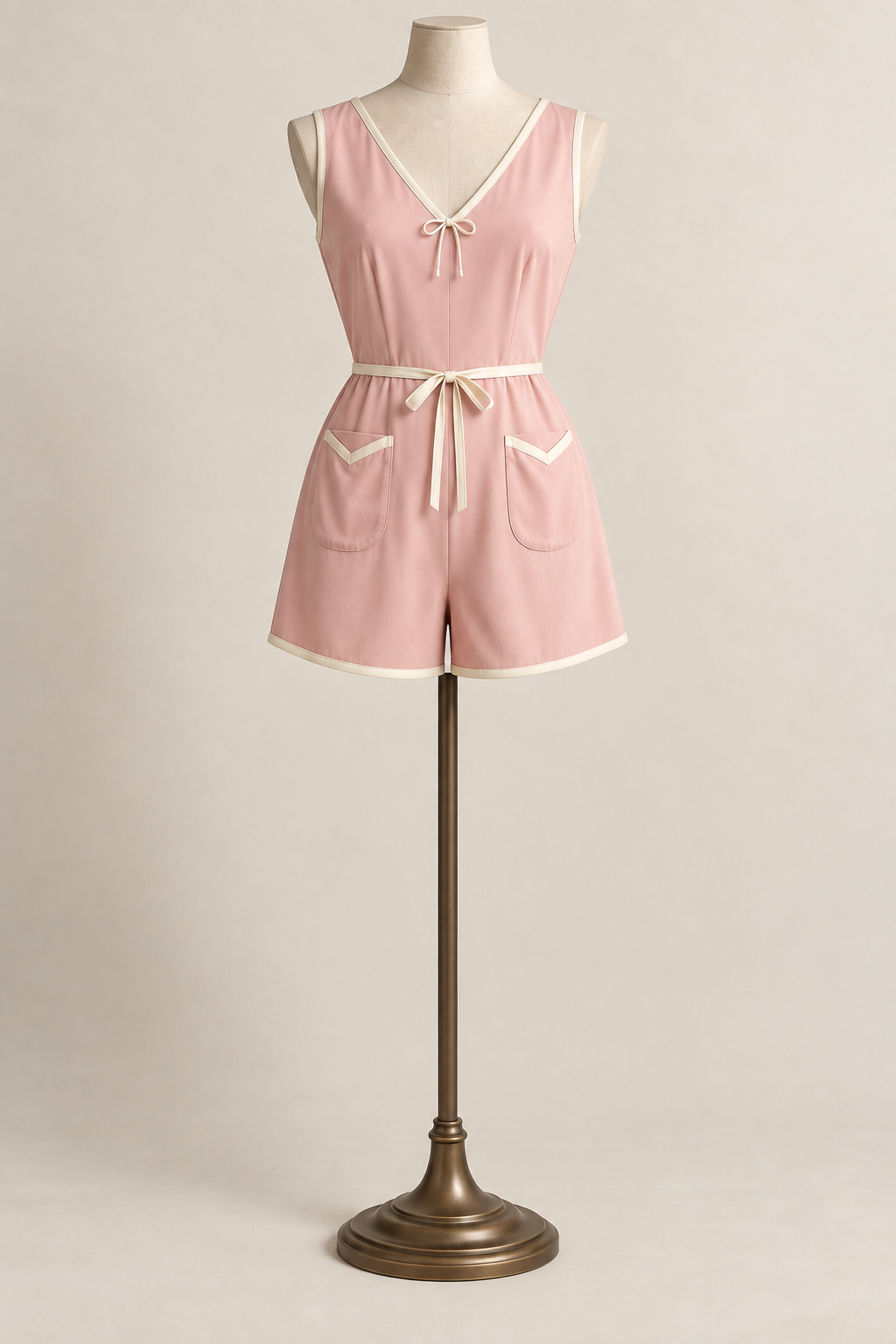 AI design preview: blush-pink short-leg one-piece pajama with ivory binding, neck bow and two V-mouth pockets.
