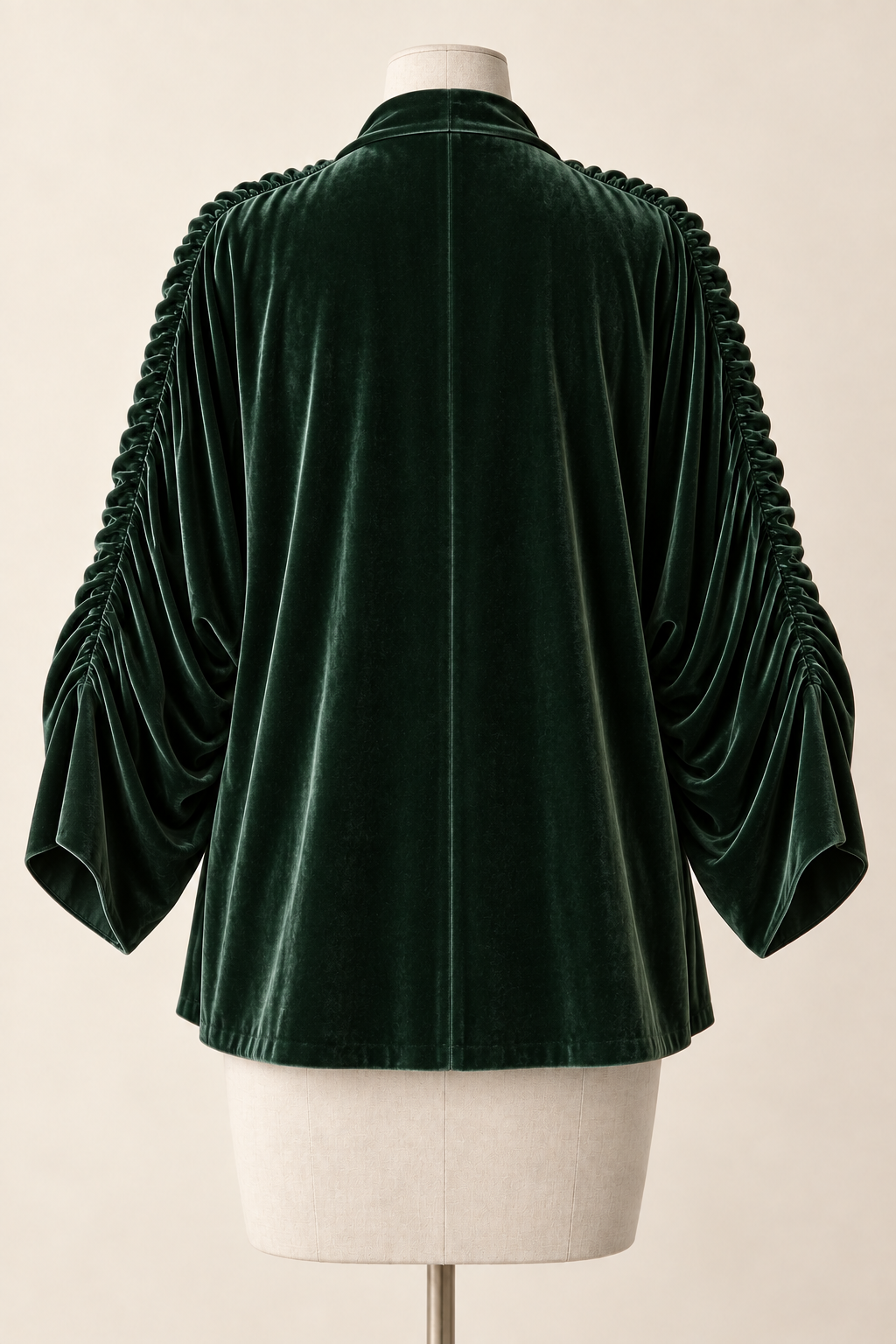 AI design preview: back of green velvet shrug with smooth center seam and gathered outer sleeves.