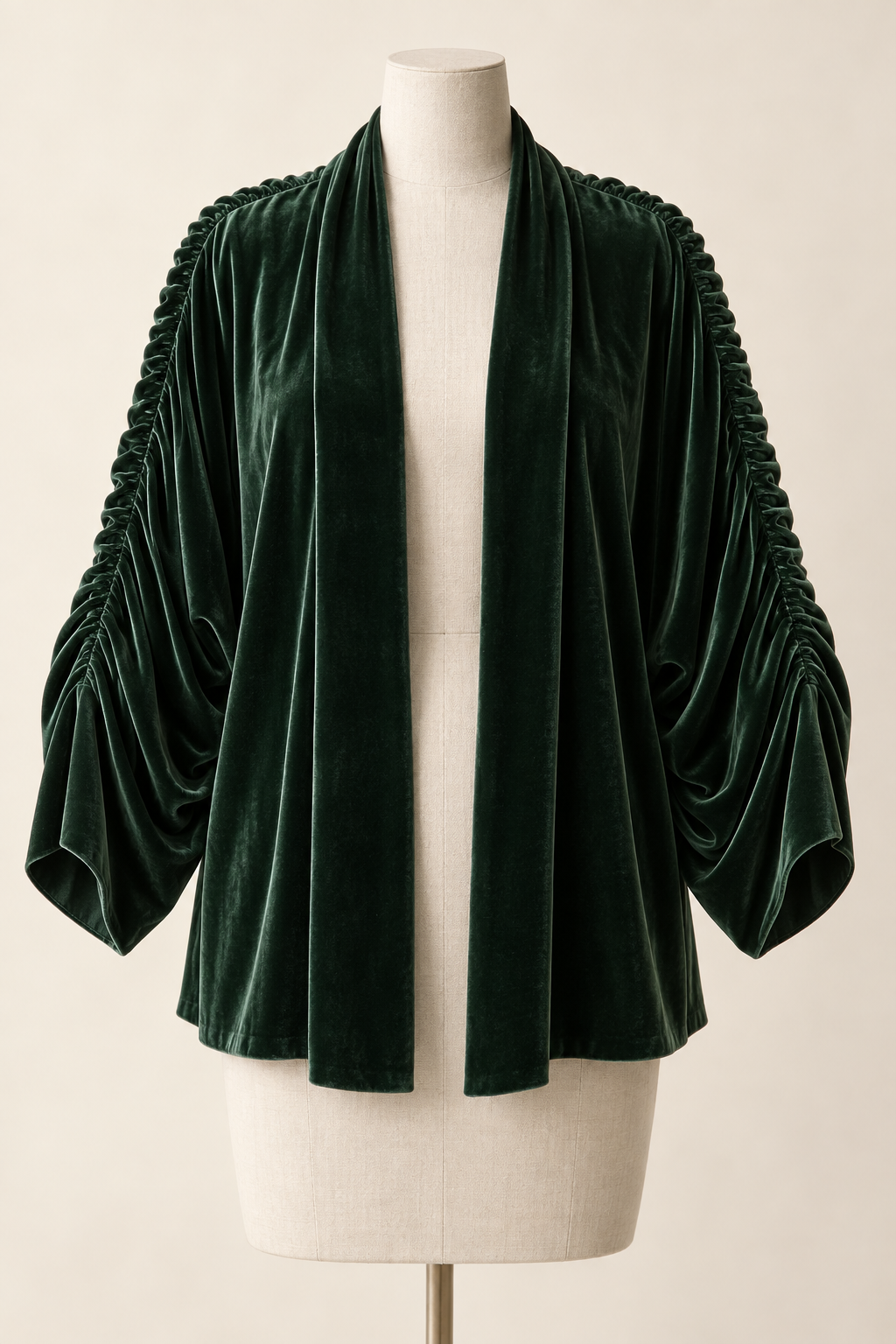 AI design preview: bottle-green velvet shrug with open scarf-like front edges and gathered shoulder-to-sleeve lines.