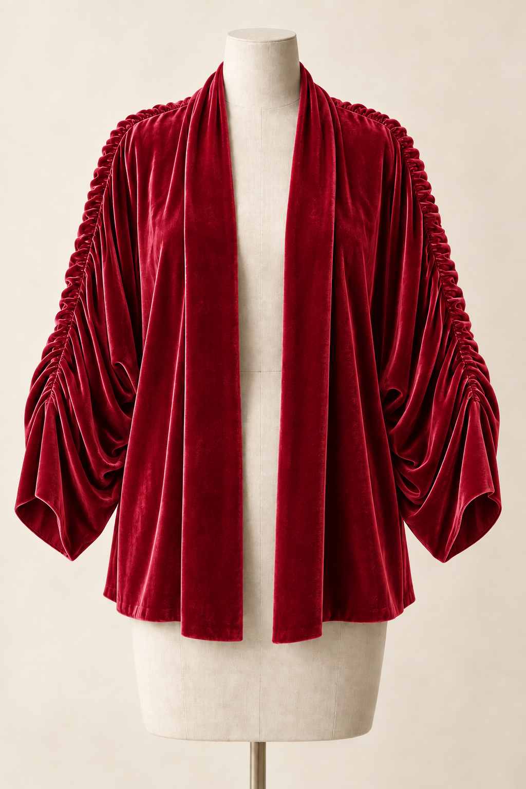 AI design preview: raspberry-red velvet shrug with the same open front and deep gathered sleeves.