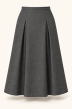 AI front preview of the same inverted-pleat panel skirt in warm charcoal-gray suiting