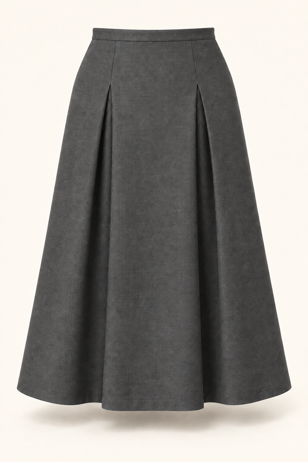 AI front preview of the same inverted-pleat panel skirt in warm charcoal-gray suiting
