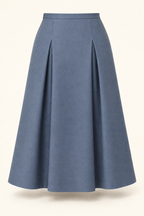AI back preview of the slate-blue panel skirt with matching deep pleats and a concealed side opening