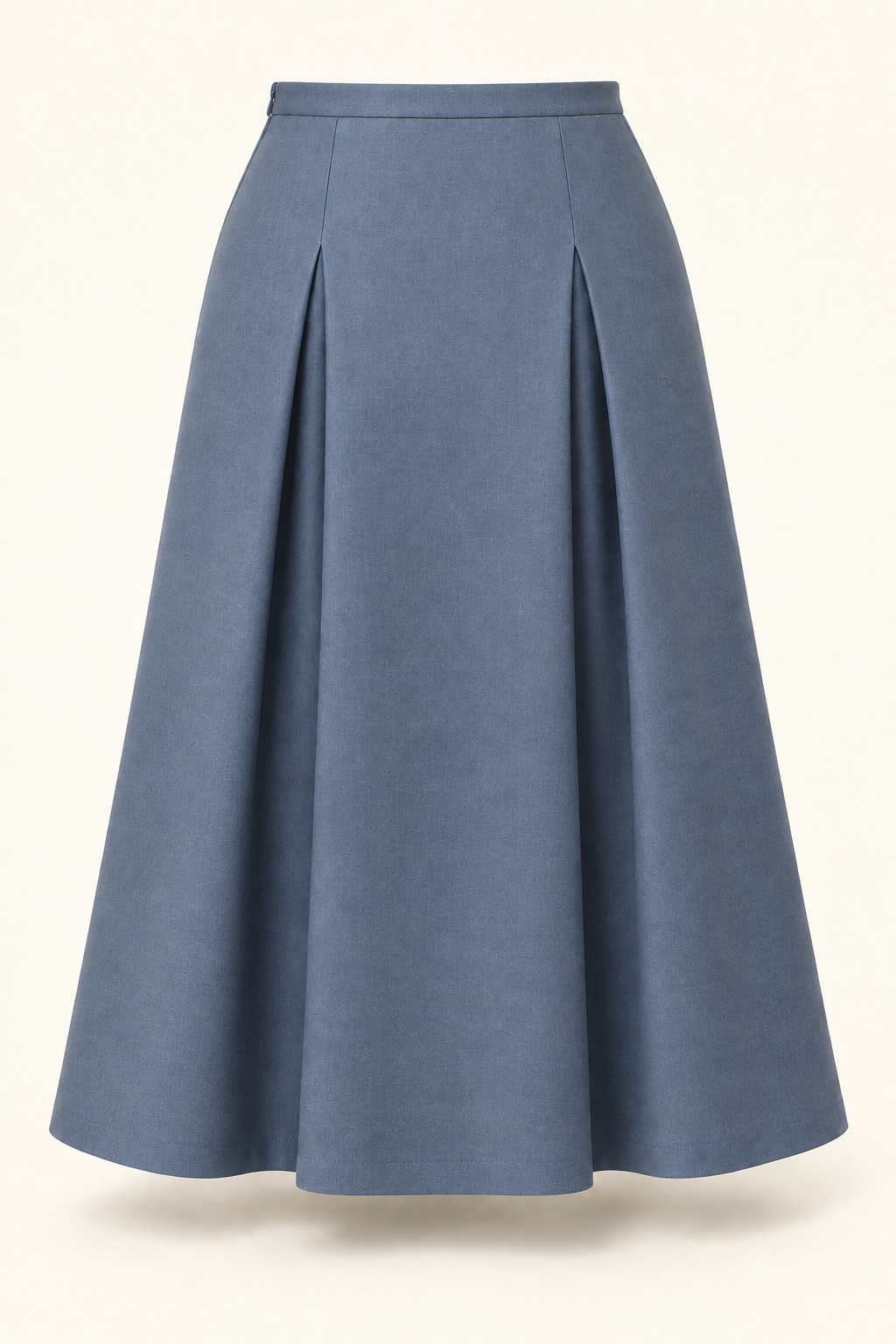 AI back preview of the slate-blue panel skirt with matching deep pleats and a concealed side opening