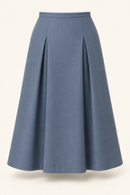 AI front preview of a slate-blue mid-calf panel skirt with two deep inverted pleats and a fitted waistband