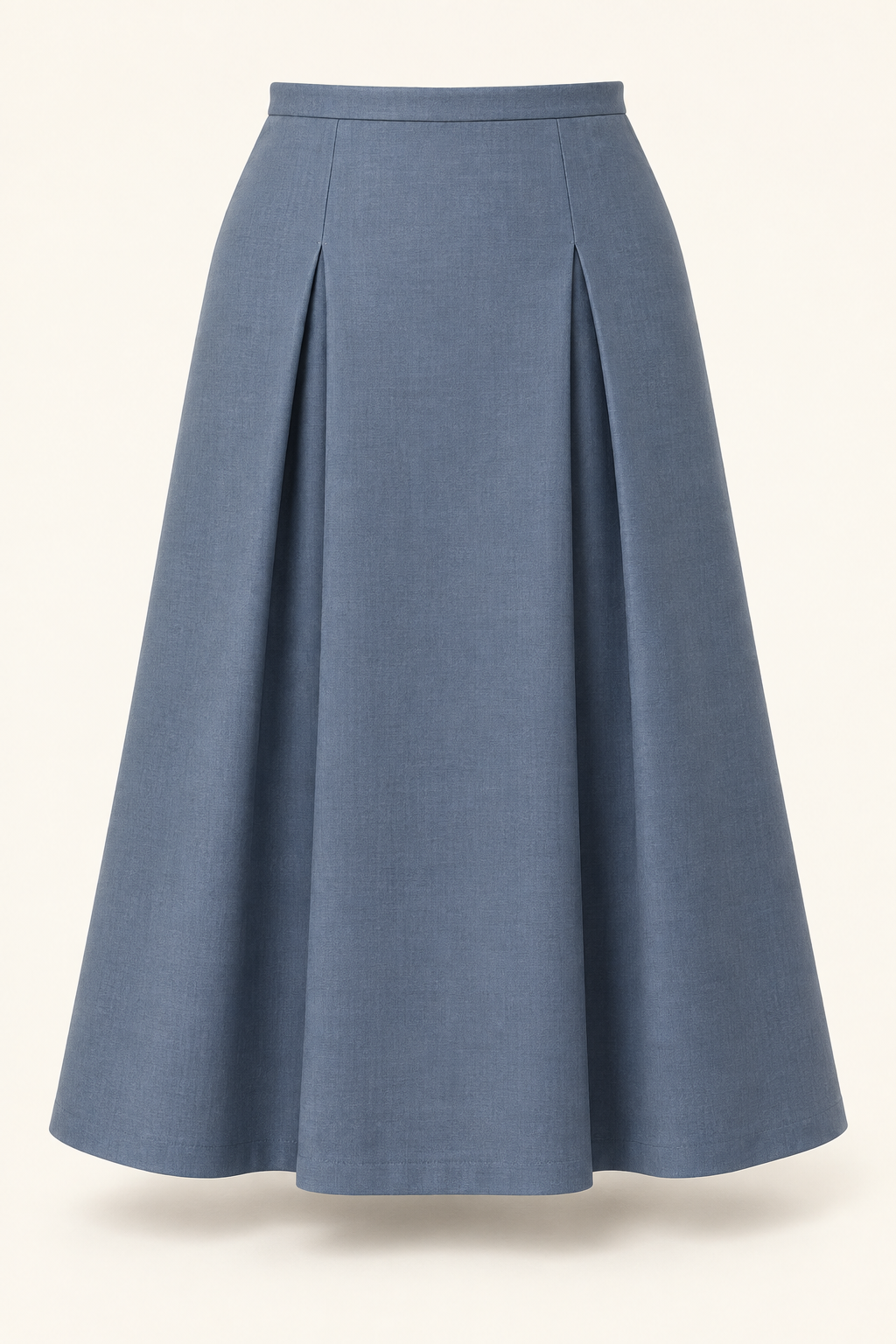 AI front preview of a slate-blue mid-calf panel skirt with two deep inverted pleats and a fitted waistband