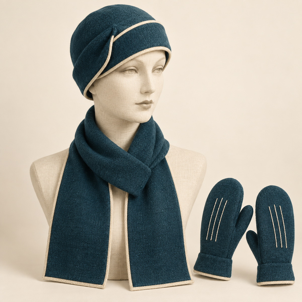 AI design illustration of the closed folded-band sports hat, rectangular scarf and short-cuff mittens with three stitched lines