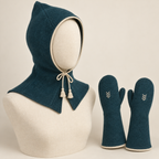 AI design illustration of the pointed shoulder-covering hood with chin tie and long gauntlet mittens with small chevron stitches
