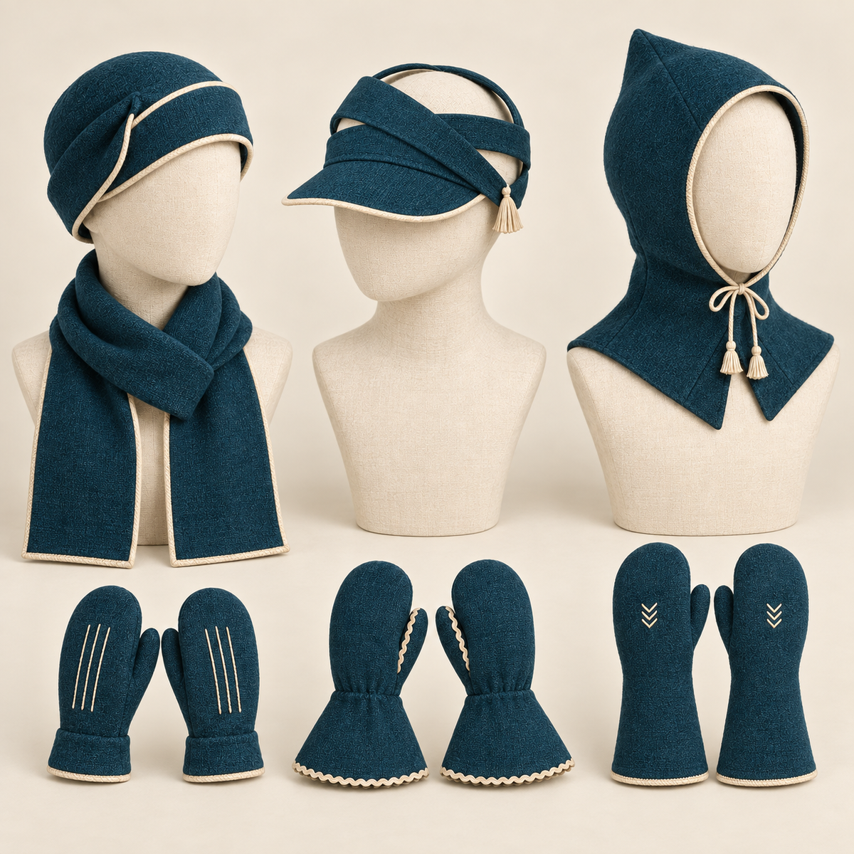 AI design illustration of the full petrol-teal sports accessory set: closed hat, open-crown visor, hood, scarf and three distinct mitten pairs