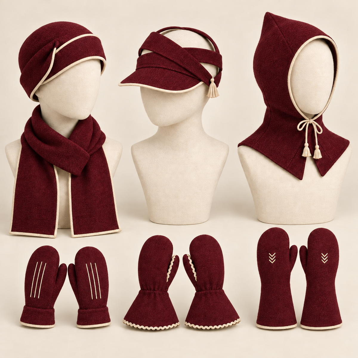 AI design illustration of the same seven sports accessory designs in deep wine with ecru trim