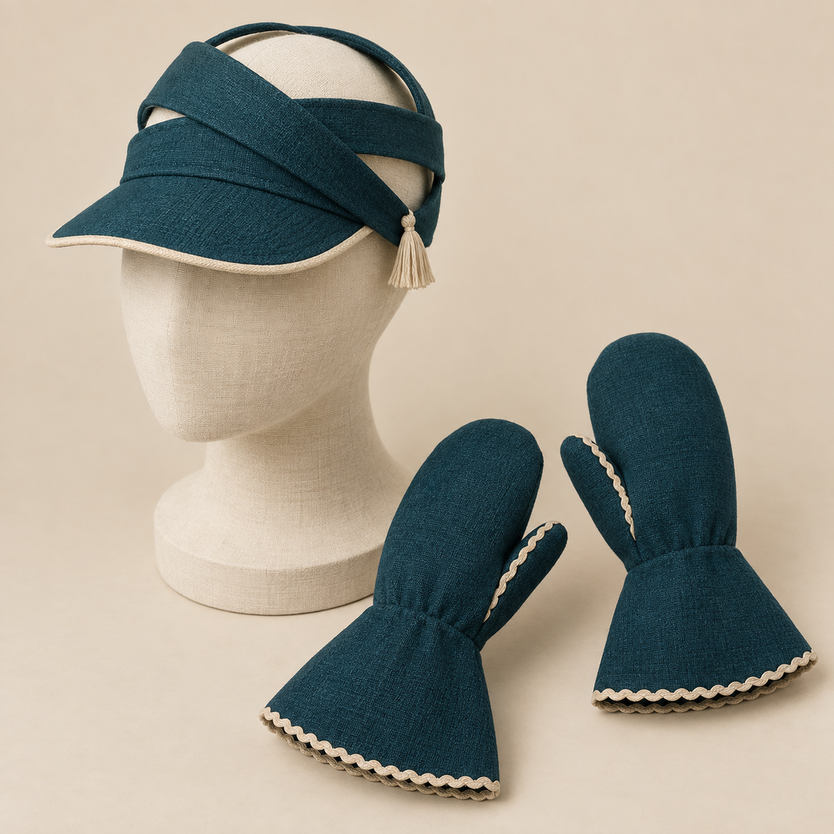 AI design illustration of the open-crown crossing-band visor and flared gauntlet mittens with scalloped trim