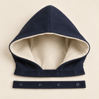 AI design illustration of the detached navy and ecru hood, its buttonhole band and a separate neckline attachment sample