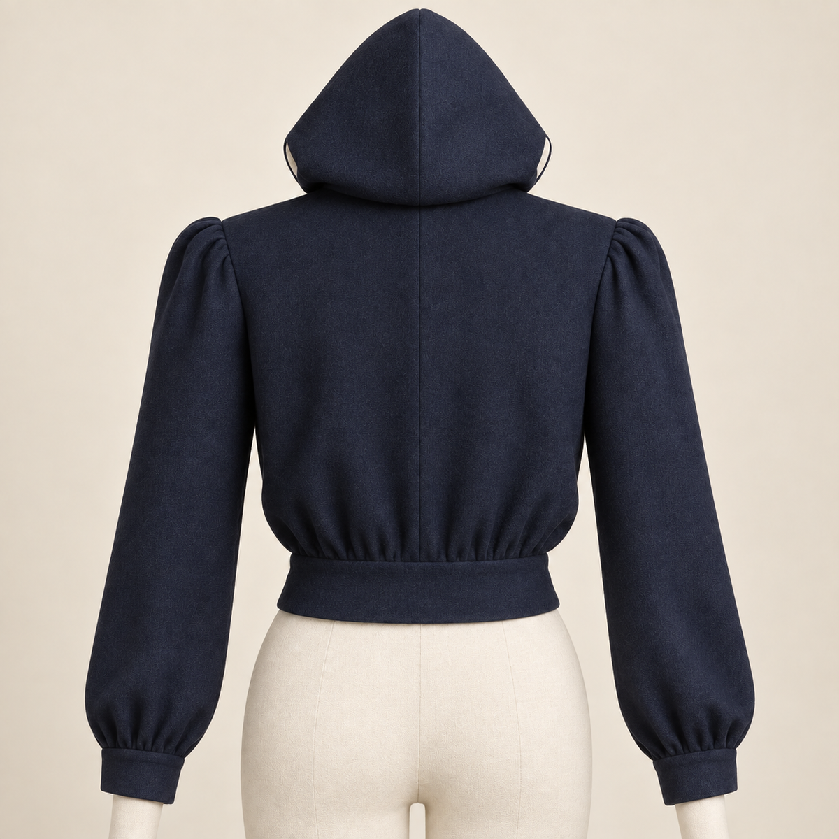 AI design illustration of the navy windbreaker rear with pointed hood seam, pleated sleeve heads and gathered back waistband