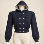 AI design illustration of a navy double-breasted windbreaker with attached lined hood, pleated sleeve heads, chest flap pockets and fitted waistband