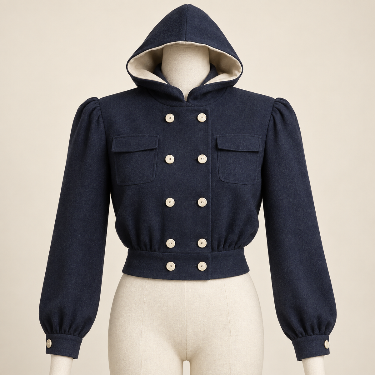 AI design illustration of a navy double-breasted windbreaker with attached lined hood, pleated sleeve heads, chest flap pockets and fitted waistband