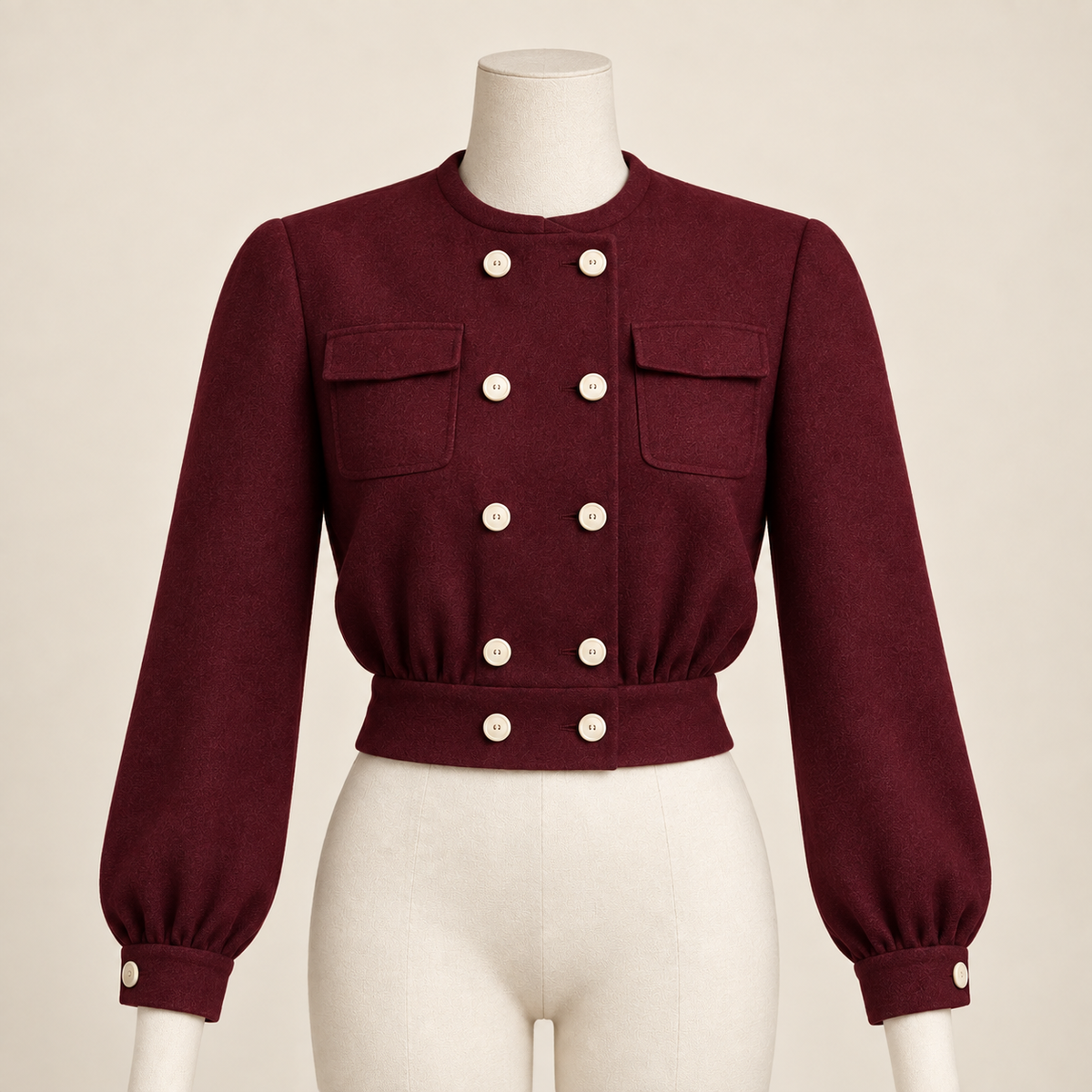 AI design illustration of the same windbreaker in deep wine with hood removed and smooth View B sleeve heads