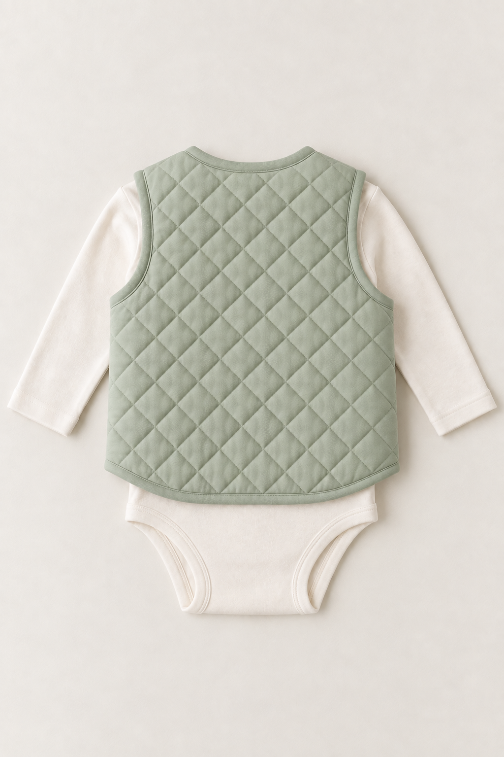 Back view of a sage quilted baby vest design laid over a cream bodysuit