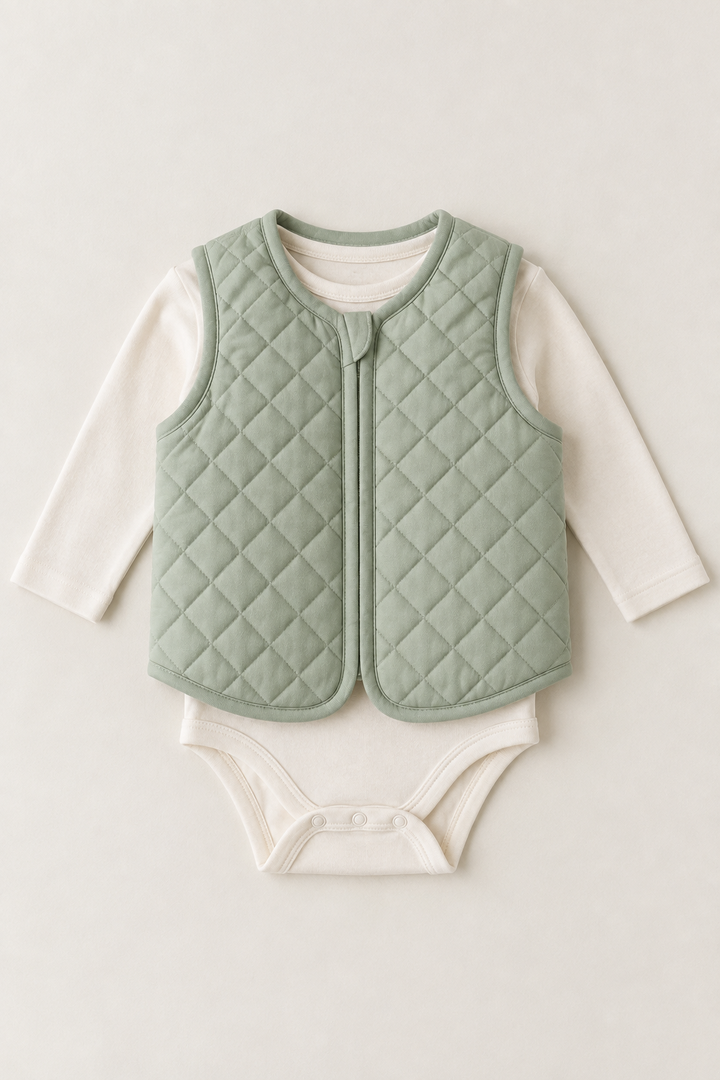 Front flat lay of a sage quilted baby vest design over a cream bodysuit