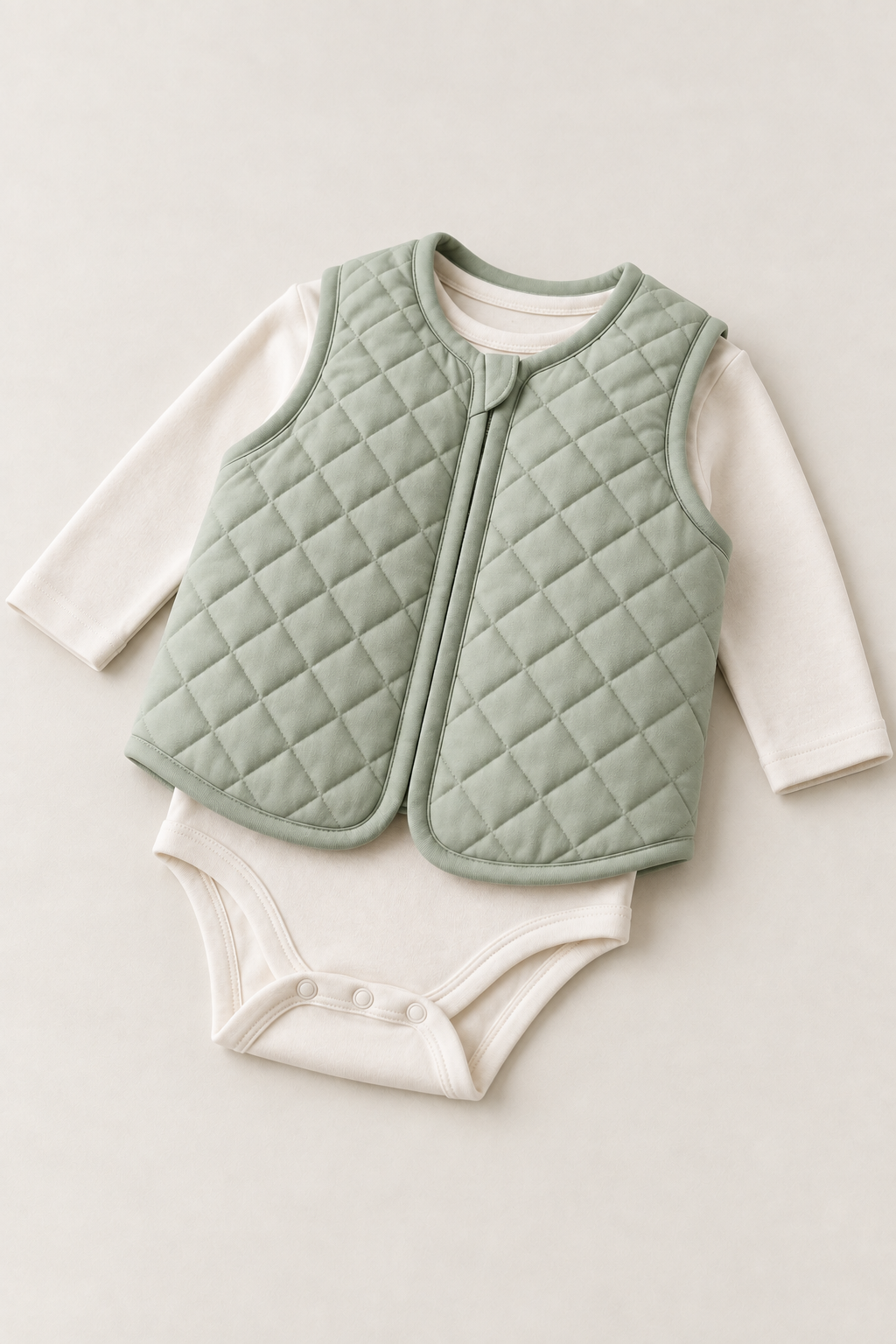 Three-quarter view of a sage quilted baby vest design laid over a cream bodysuit