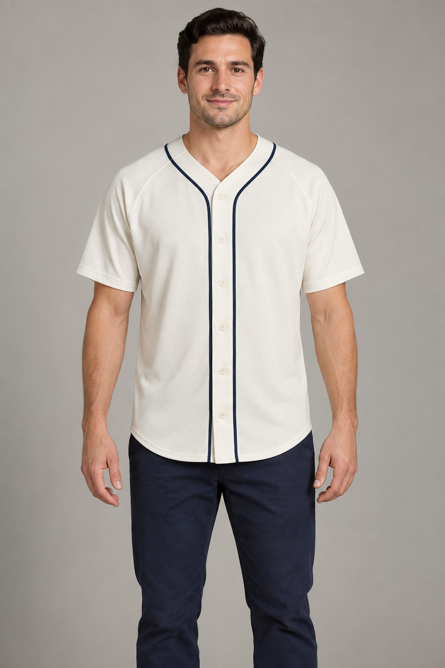Design preview of a collarless baseball-style jersey with raglan sleeves and a curved hem, front view.