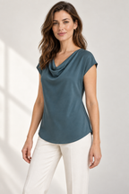 Generated design preview: three-quarter view of the bias-cut cowl blouse showing its fluid side drape and cap sleeve.