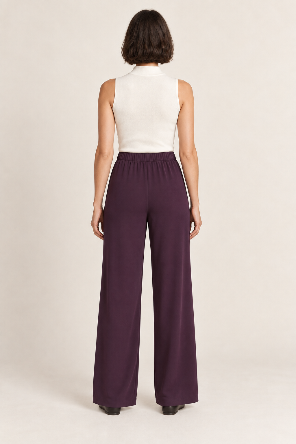 Plum bias-cut wide-leg trousers with an elastic waist, back view on a woman; generated design preview.