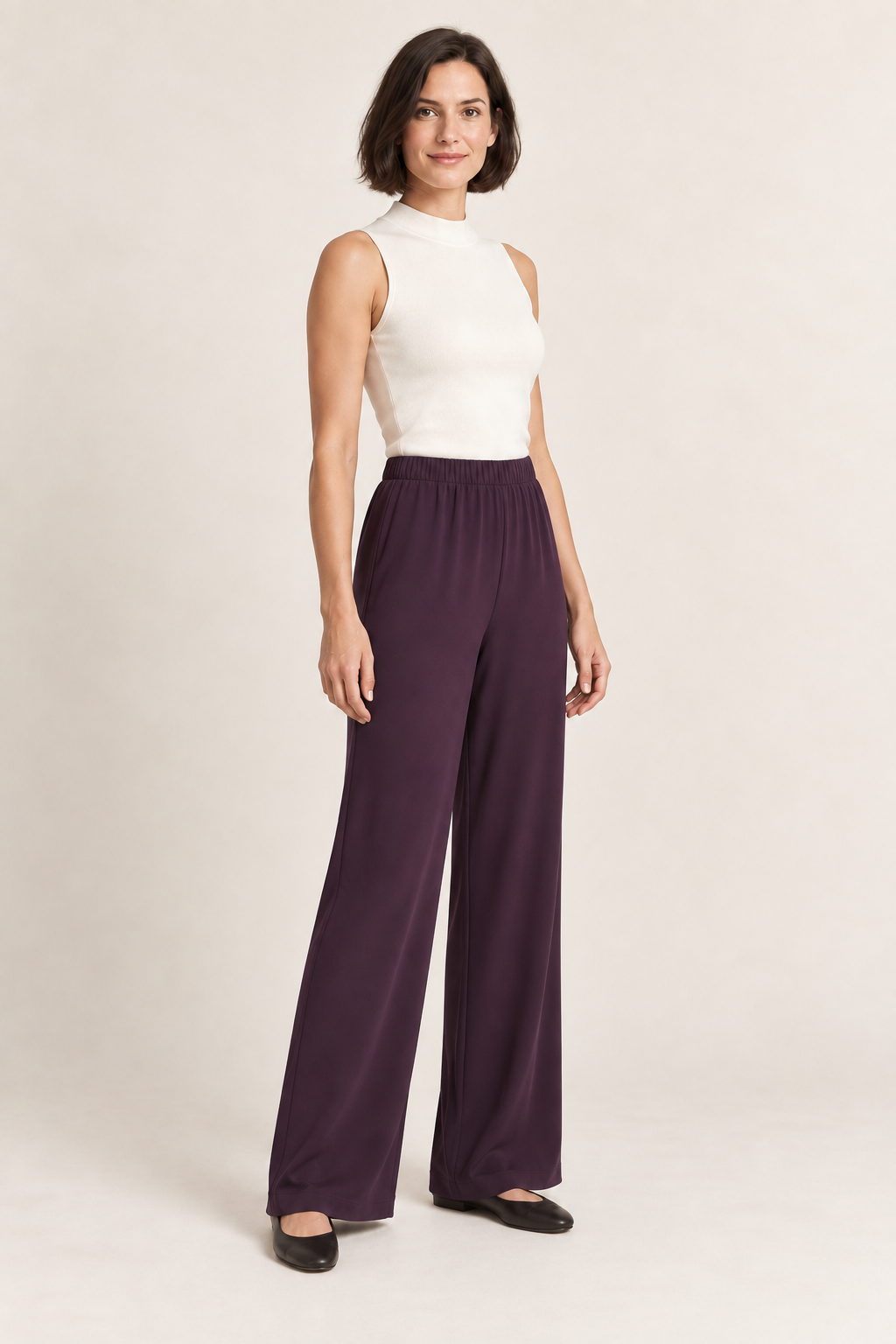 Plum bias-cut wide-leg trousers with an elastic waist, three quarter view on a woman; generated design preview.
