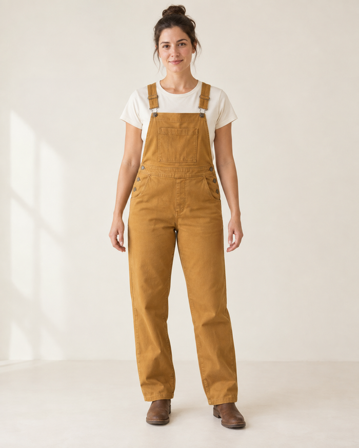Design preview of bib-front overalls, front view on a model.