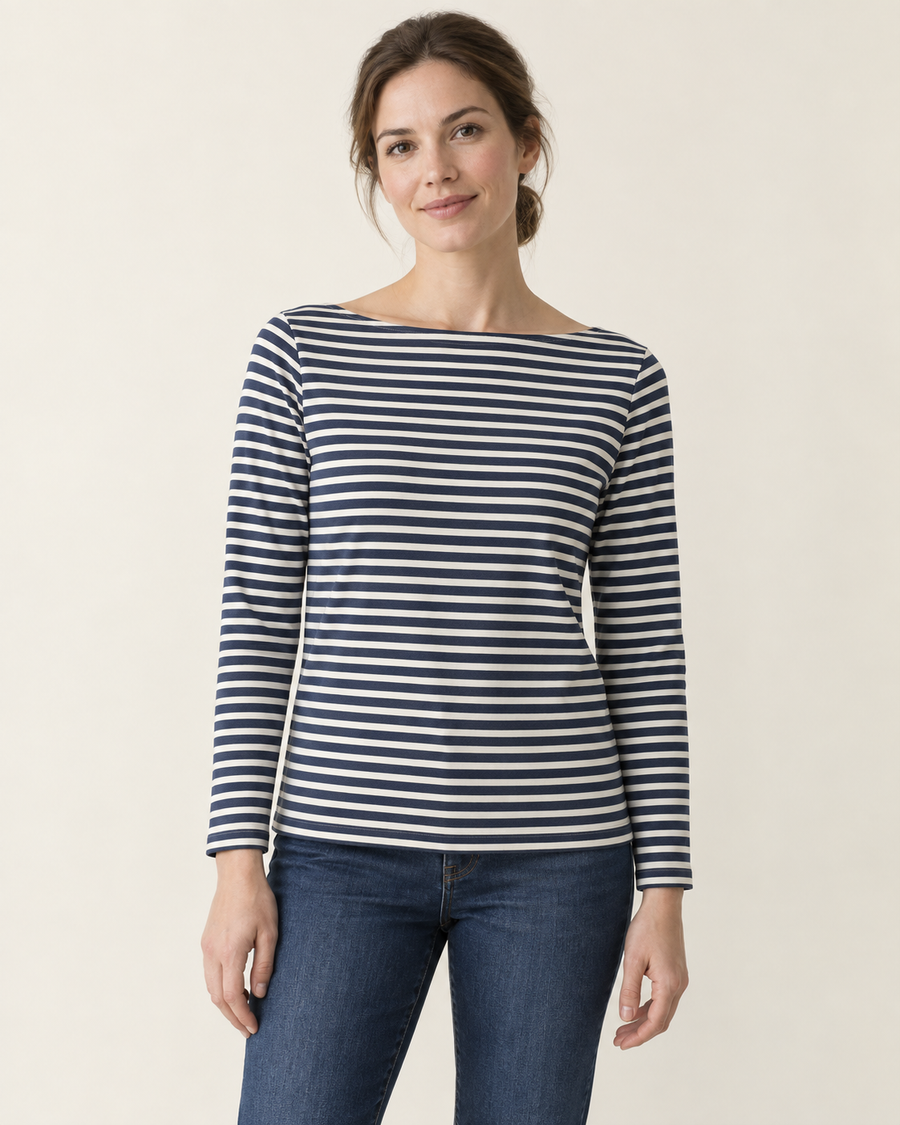 Front design preview of the boat-neck knit top.