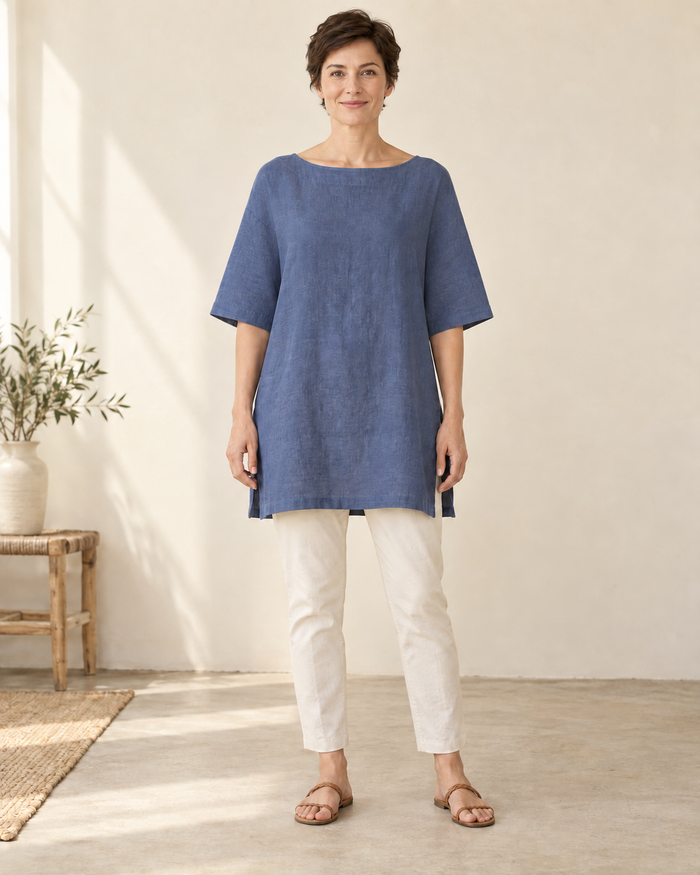 Design preview of boat-neck side-slit tunic, front view on a model.