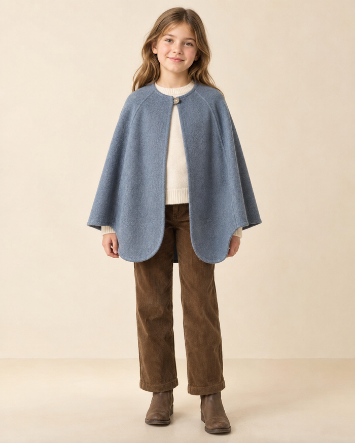 Design preview of child poncho and cape, front view on a model.