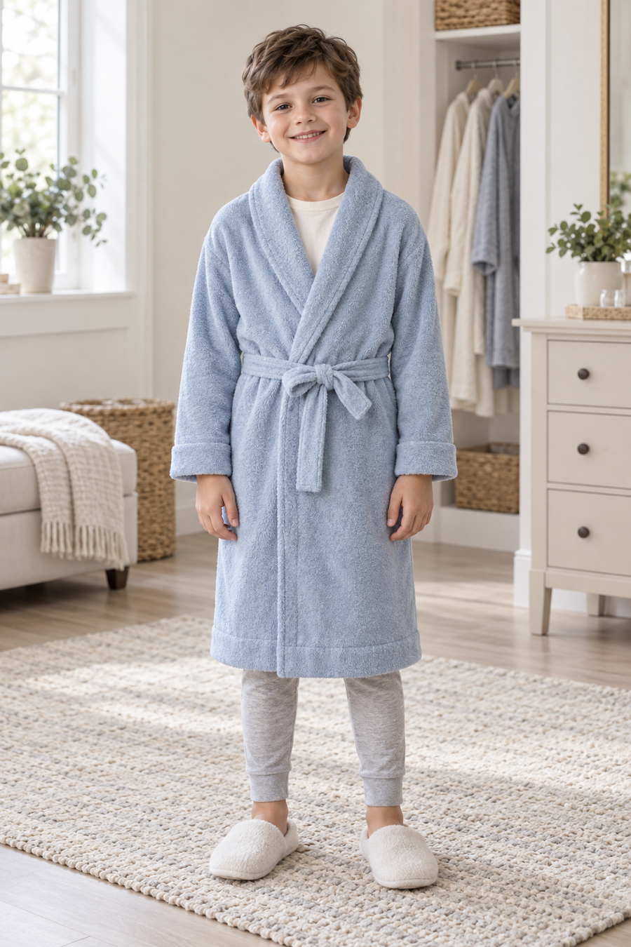 Design preview of a child robe with a shawl collar and attached waist ties, front view.