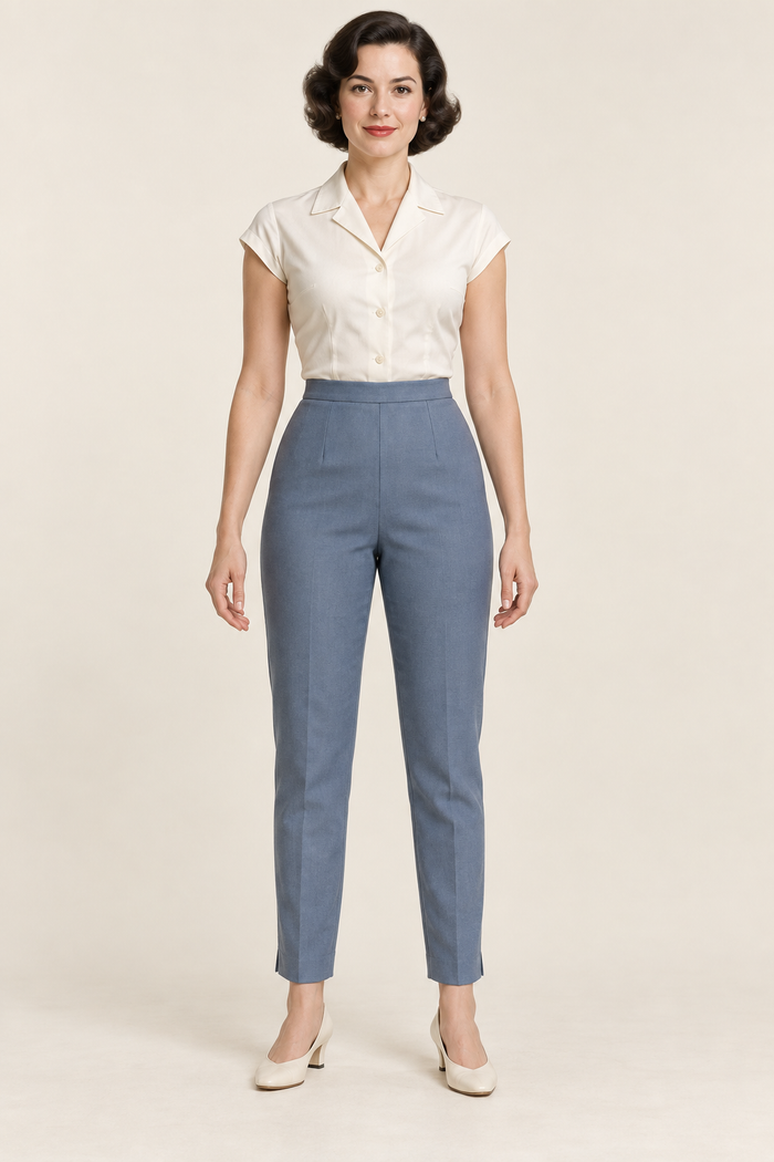 Front design preview of high-waisted slate-blue cigarette trousers with ankle-length legs.