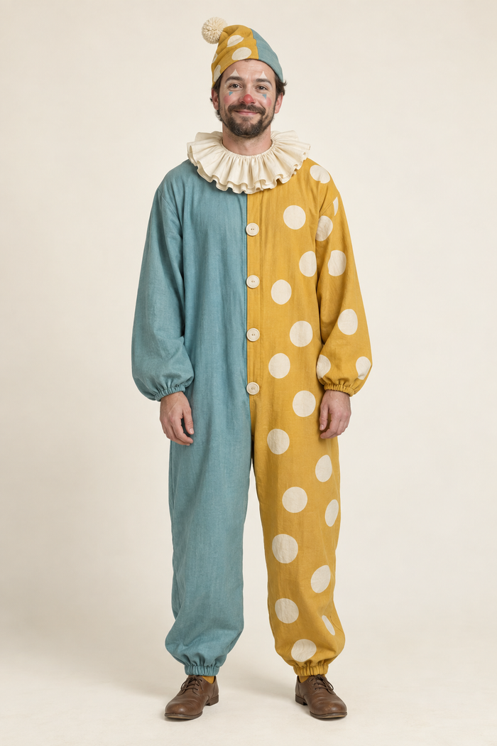 Design preview of clown costume jumpsuit and ruff, front view on an adult model.