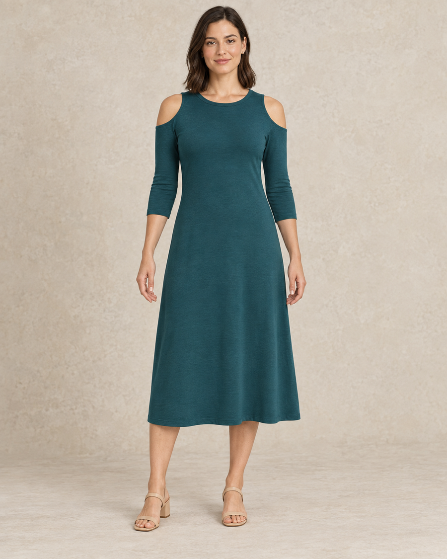 Front view of a teal cold-shoulder knit midi dress with a round neckline and three-quarter sleeves