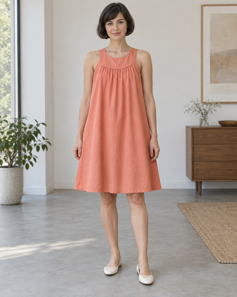 Front design preview of the cross-back yoke trapeze dress.