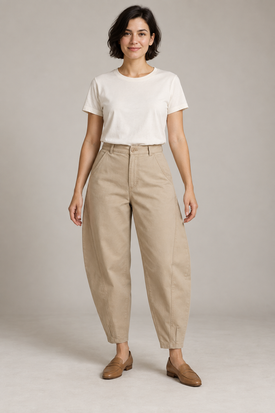 Design preview of a curved-leg barrel trousers with a fitted waistband and lower-leg darts, front view.
