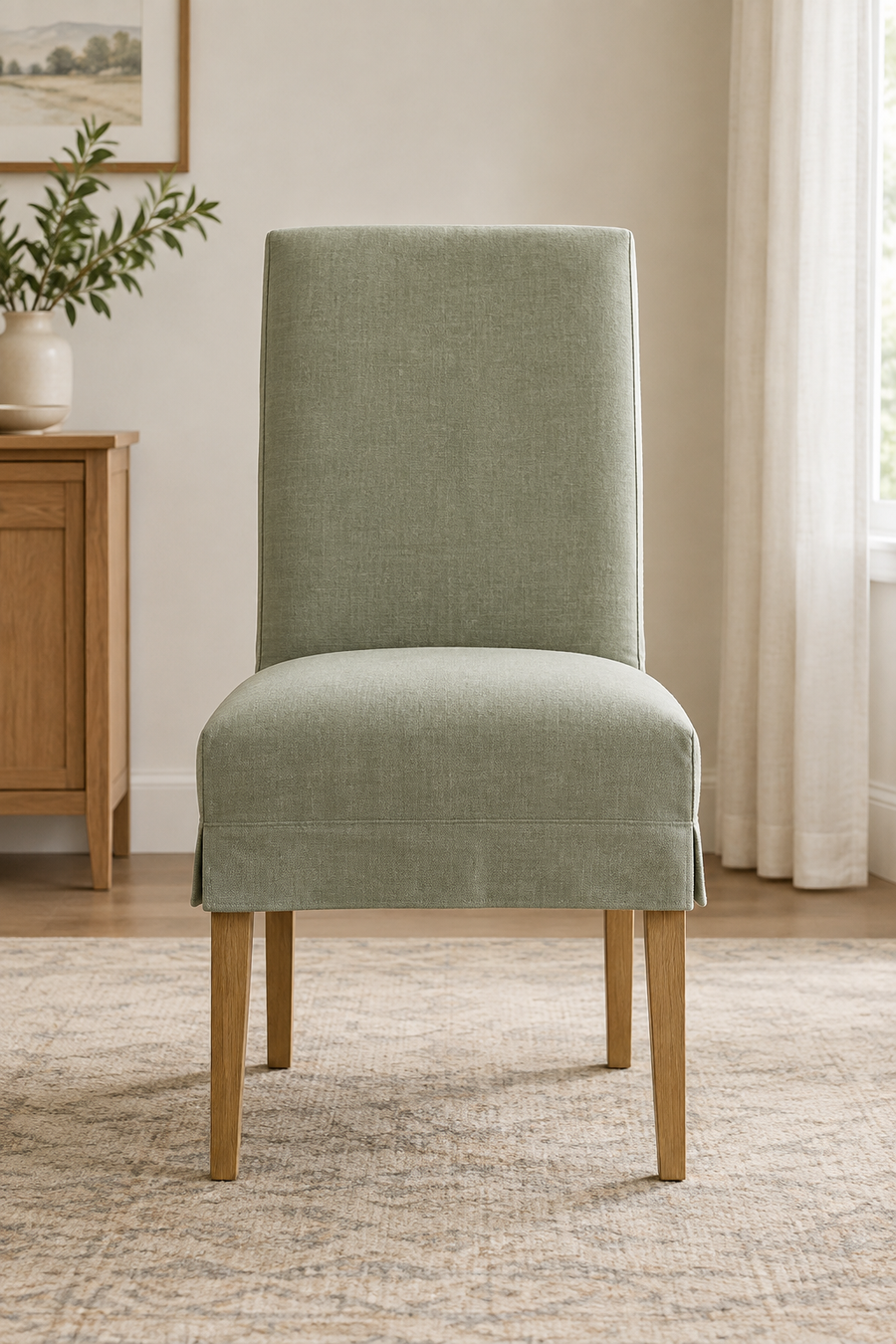 Design preview of dining chair cover, front view in a dining room.