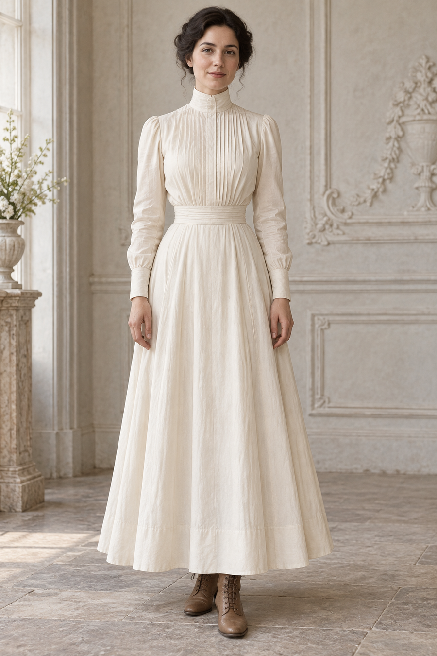 Design preview of a Edwardian-inspired day dress with a tucked bodice and ankle-length panelled skirt, front view.