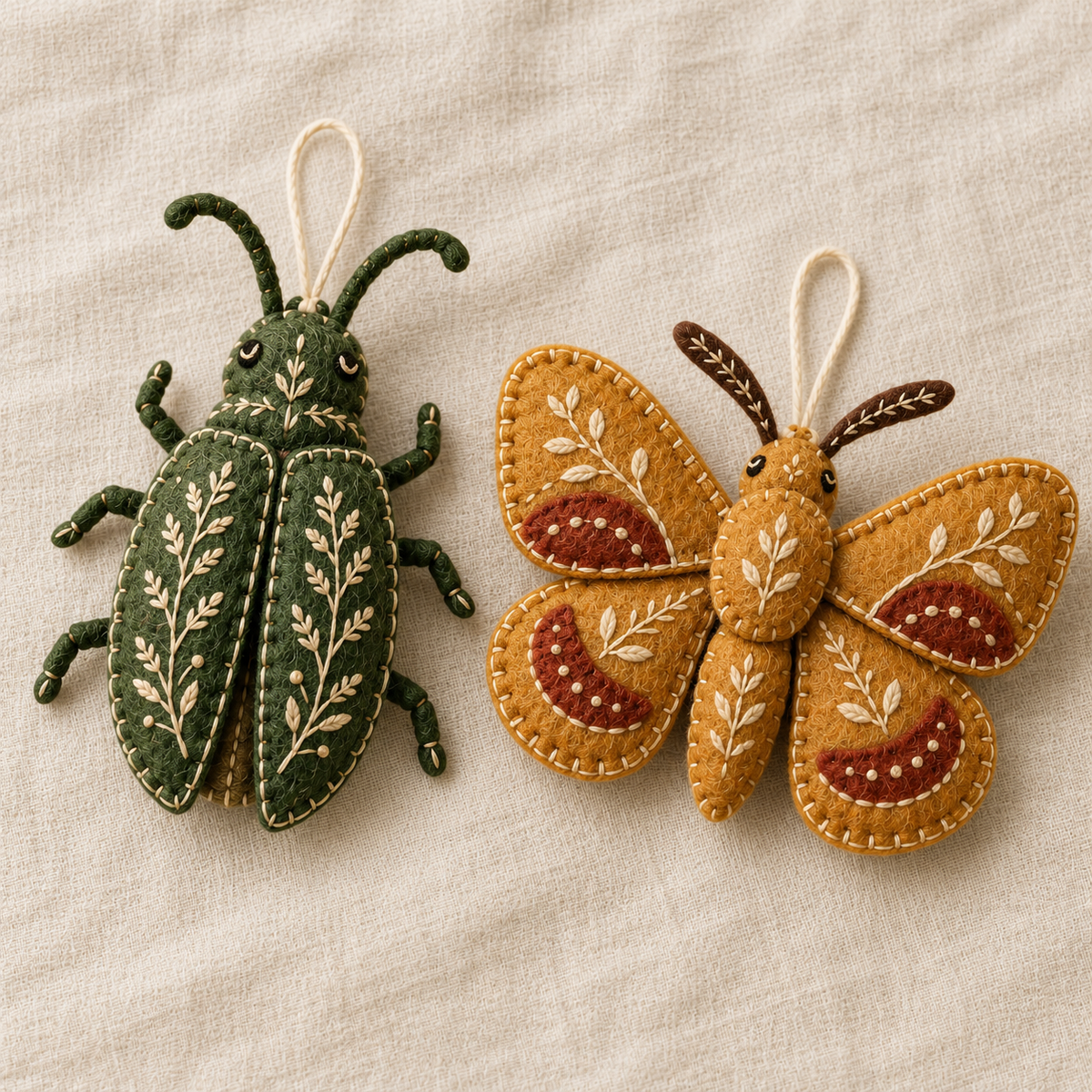 Close design preview of the felt beetle and moth, showing layered wings, botanical embroidery and blanket-stitched edges.