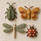 Design preview of four felt woodland insect ornaments: a green beetle, ochre moth, sage-winged dragonfly and russet ladybird.